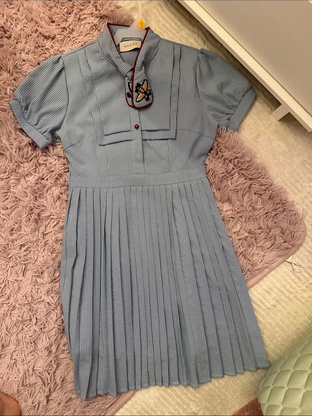 Gucci style  Light Blue Pleated Girls Dress with Embroidered Bee